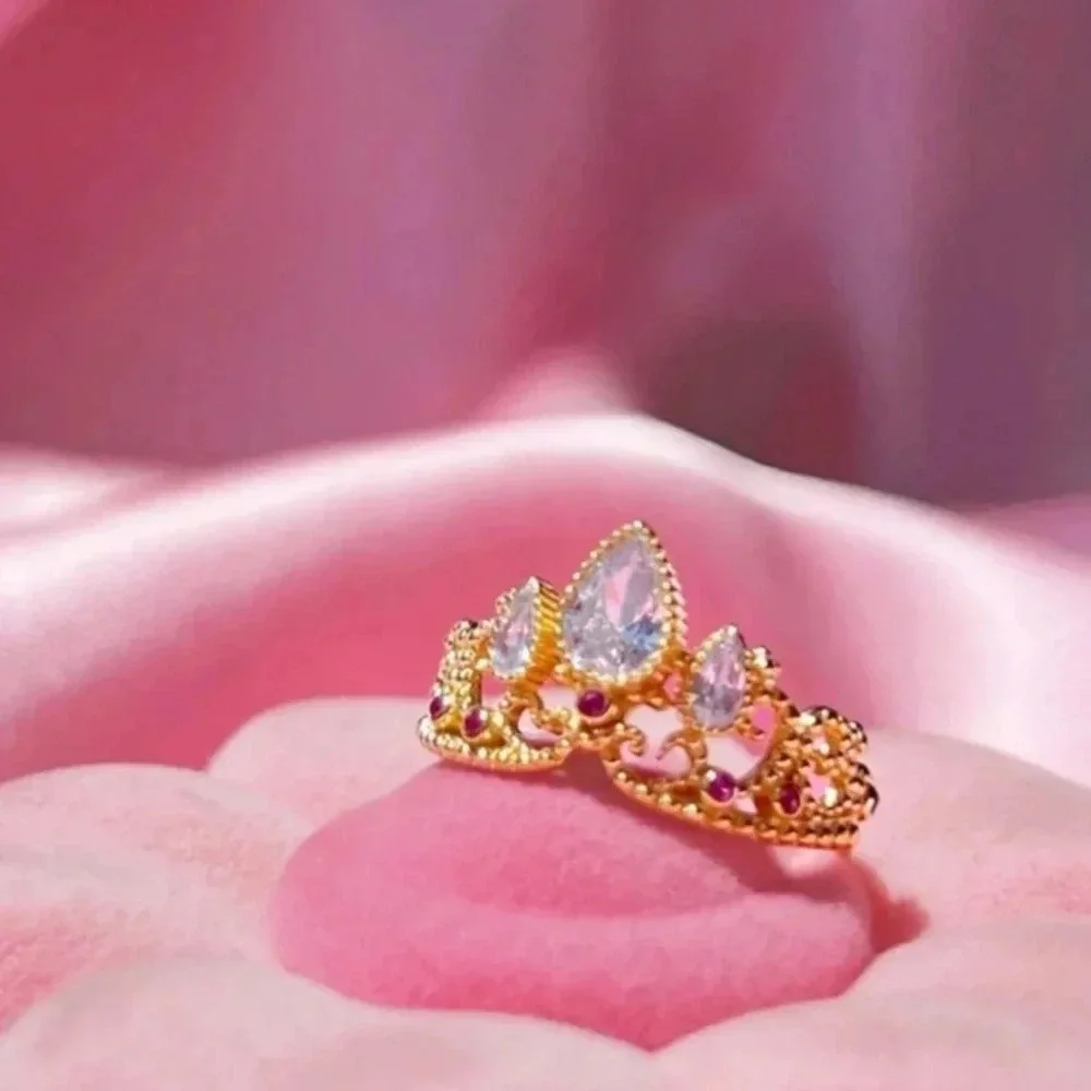 Ladies gold plated multicolored cubic zirconia luxury tiara crown ring